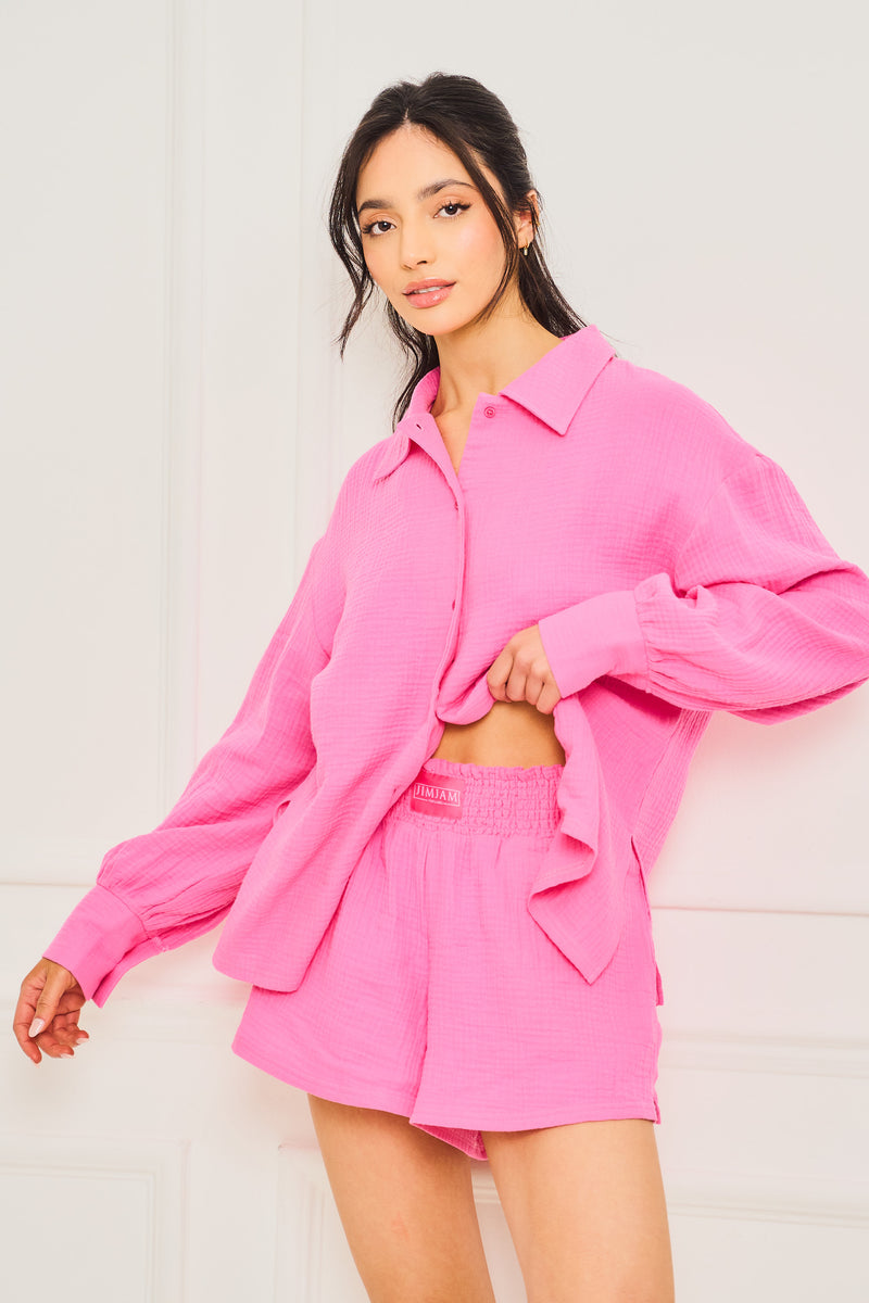 Pink Sear Sucker Button Up Pyjama Set