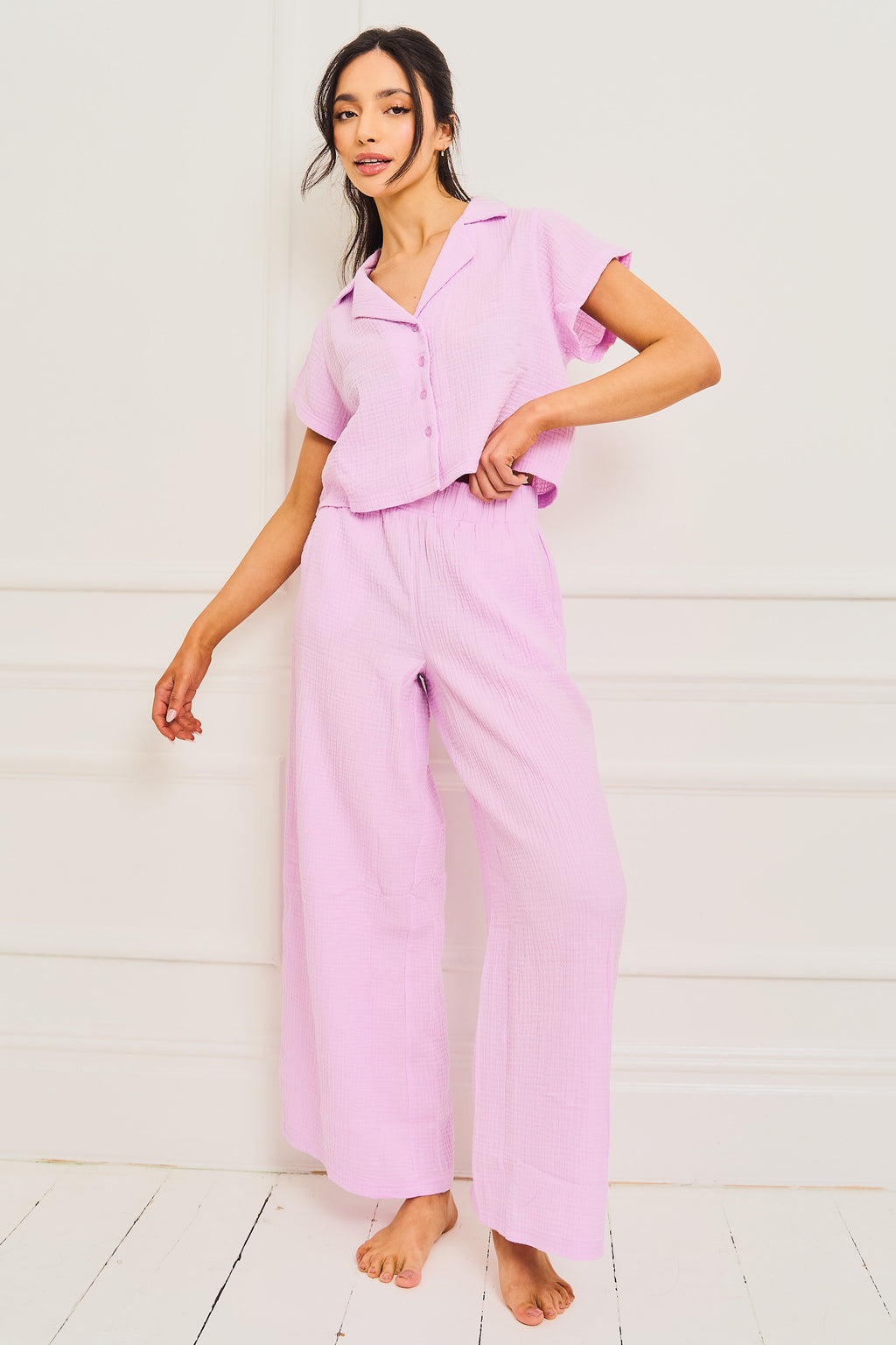 Lilac Long Leg Sear Sucker Button Up Pyjama Set
