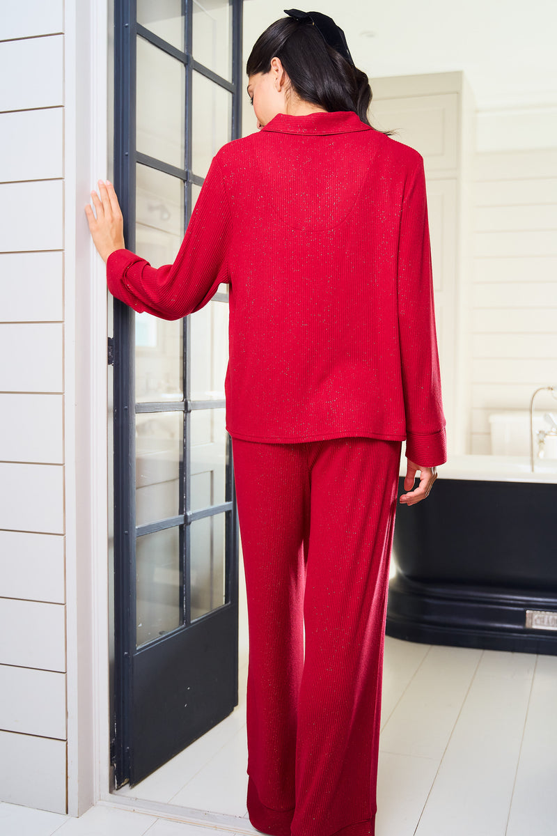 Red Ribbed Sparkle Pyjama Set