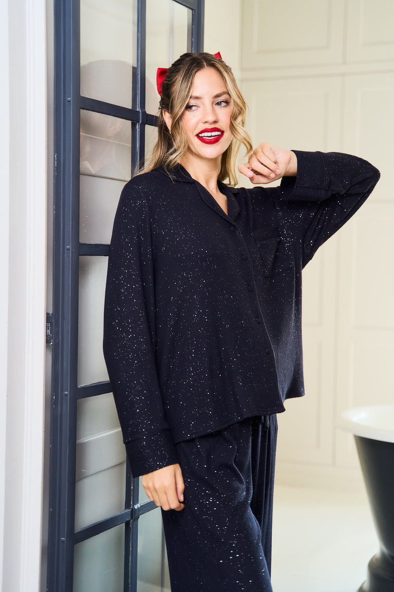 Black Ribbed Sparkle Pyjama Set