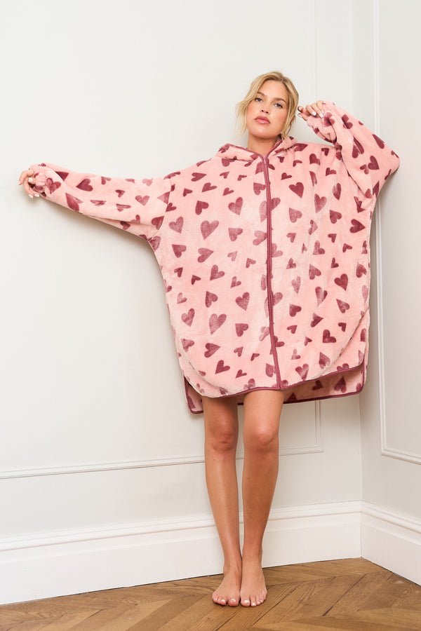 Heart Print Oversized Zip Hoody