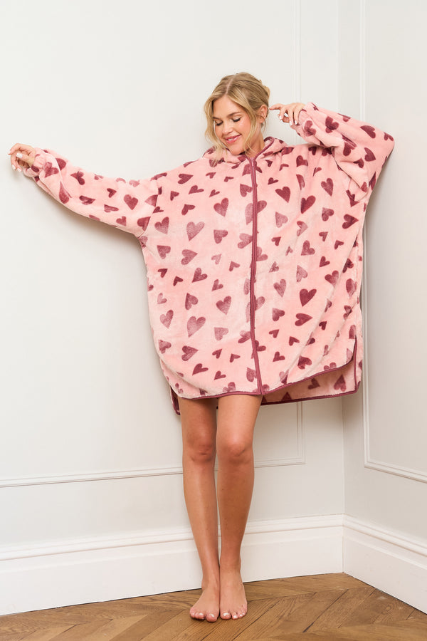Heart Print Oversized Zip Hoody