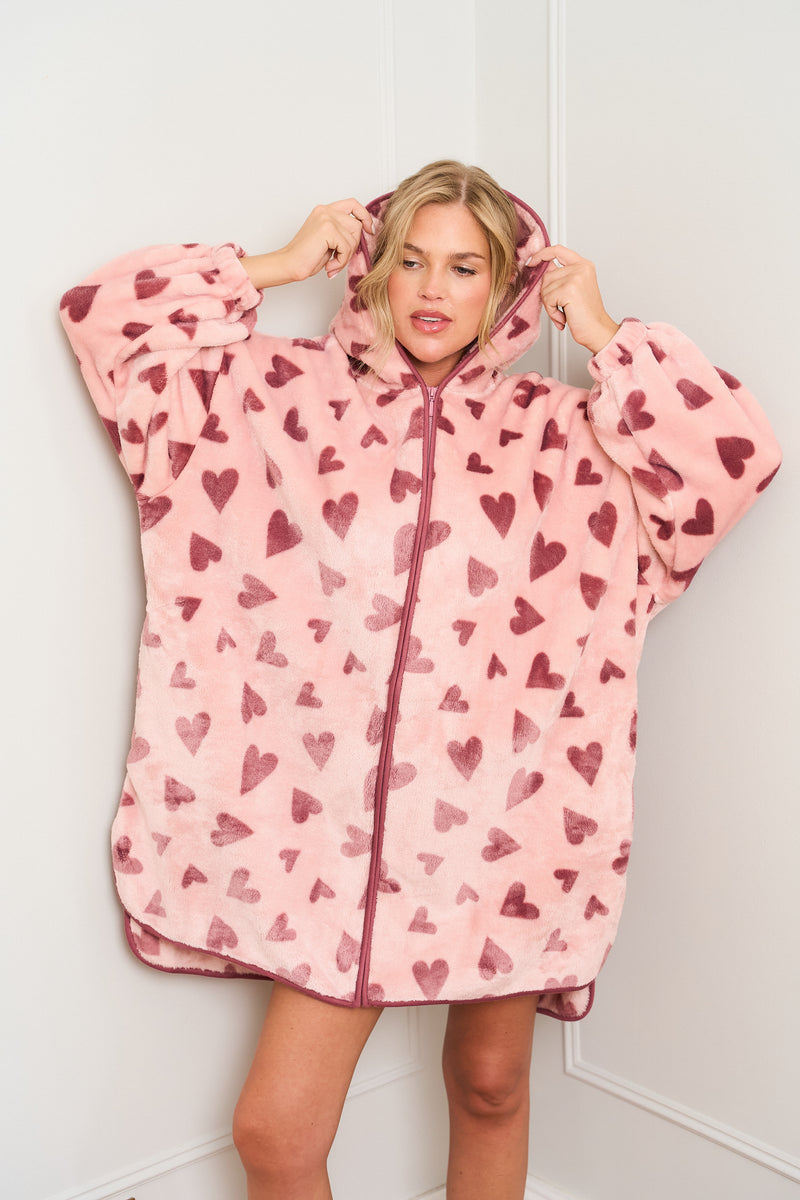 Heart Print Oversized Zip Hoody