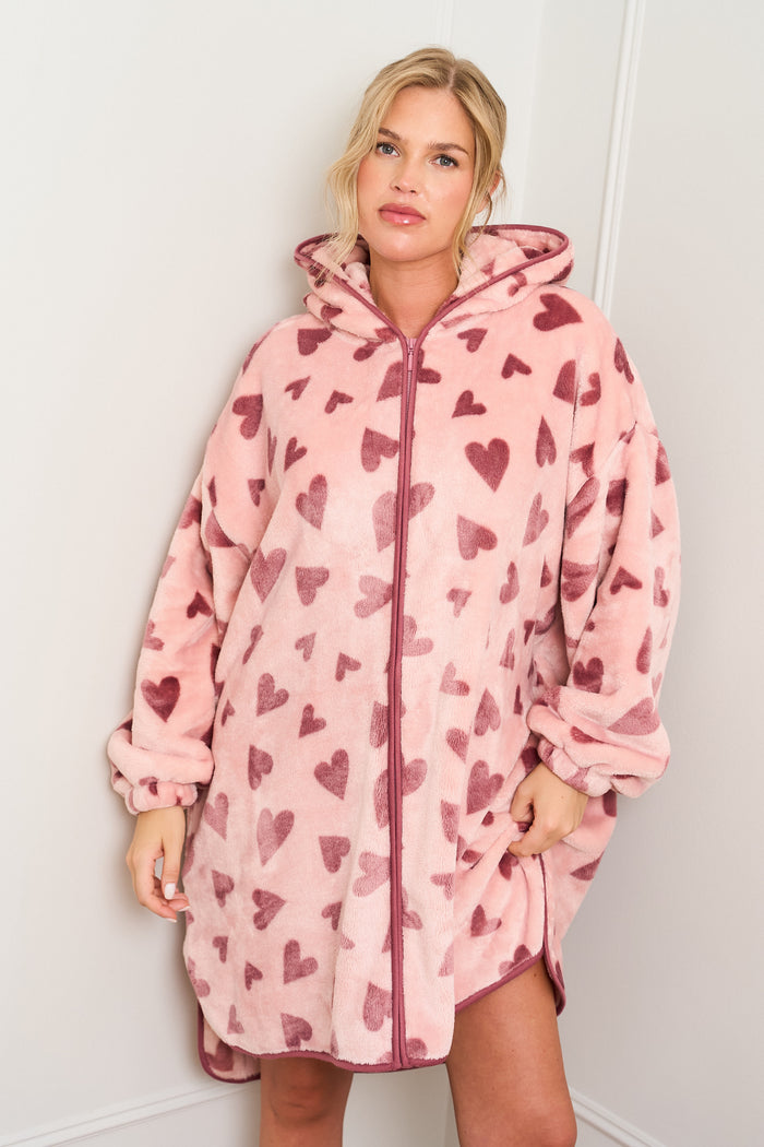 Heart Print Oversized Zip Hoody
